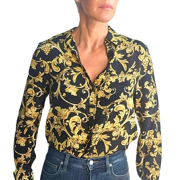 ALICE+OLIVIA Eloise Florence Scroll Silk Button Front Blouse - Picture 7 of 11